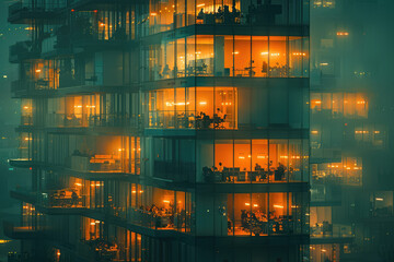 A multistory building with glass windows and orange lights inside, crowded people sitting at tables. Created with Ai - obrazy, fototapety, plakaty