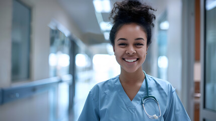 Portrait of smiling biracial female healthcare worker in hospital corridor copy space Hospital medical and healthcare services : Generative AI