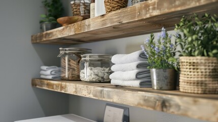Rustic wood wall shelves look especially striking above white appliances in the laundry room, and the shelves are lined with mason jars and plants. Bathroom interior