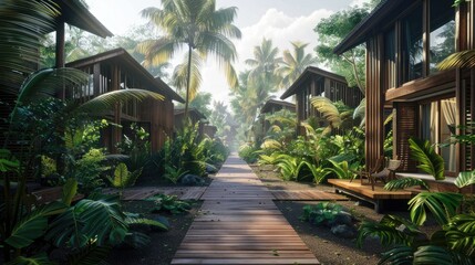 Exterior of an eco-friendly boutique hotel in a dense jungle, wooden architecture with greenery and plants, eco-friendly design, wooden plank walkway between buildings.