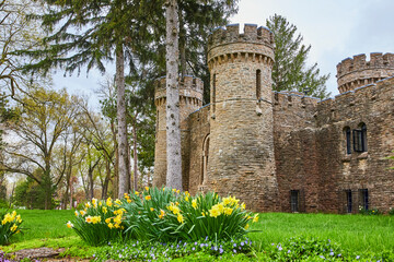 Springtime at Medieval-Style Seminary Castle with Blooming Flowers