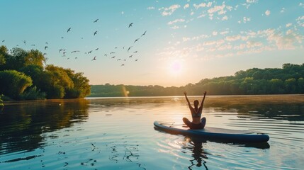 A candid moment of the woman practicing a side plank pose on the paddleboard, with birds flying over the tranquil lake. - Powered by Adobe