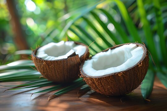 A coconut on a wooden table with palm leaves in the background
