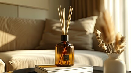 Amber glass diffuser bottle filled with bamboo sticks, room scent placed on books in front of sofa, light brown walls and beige curtains in the background.