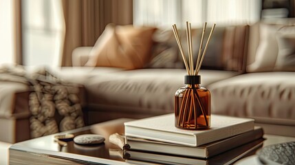 Amber glass diffuser bottle filled with bamboo sticks, room scent placed on books in front of sofa, light brown walls and beige curtains in the background.