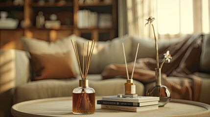 Amber glass diffuser bottle filled with bamboo sticks, room scent placed on books in front of sofa, light brown walls and beige curtains in the background.