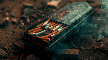 burn cigarettes in old coffin box, death and smoking concept 