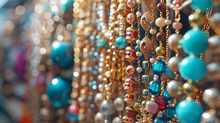 Artistic close-up of a vibrant bead necklace with pearls. - obrazy, fototapety, plakaty