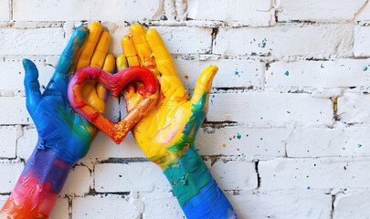 painted hands holding a heart, concept of Belonging Inclusion Diversity Equity DEIB or lgbtq, group of people painted multicolored hands of different cultures and skin, on white wall background.
