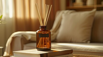 Amber glass diffuser bottle filled with bamboo sticks, room scent placed on books in front of sofa,...
