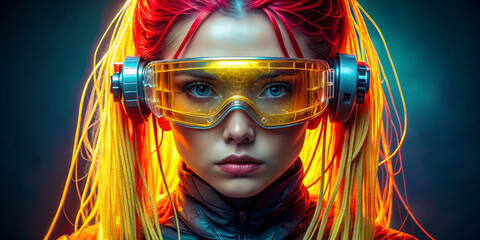  woman with red hair and a yellow goggles on her face.