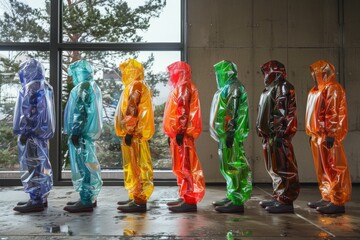 Figures in transparent, colored raincoats lined up, industrial setting with trees outside.