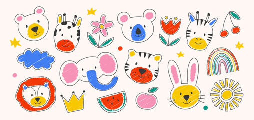 Childrens drawings of animals, flowers and fruits. Collection of hand drawn chalk doodles. Flat vector illustration.