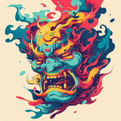 interesting angle-view pose shot. Illustration Japannese style graphic 2D flat colorful style vector gradient semi-realism gold-red-blue-green tone. Dynamic pose. random charactor, random custom, rand