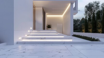 Modern villa entrance with marble steps and lighting. The front door is framed by large glass windows leading to an elegant courtyard surrounded by lush greenery. Minimalist design.