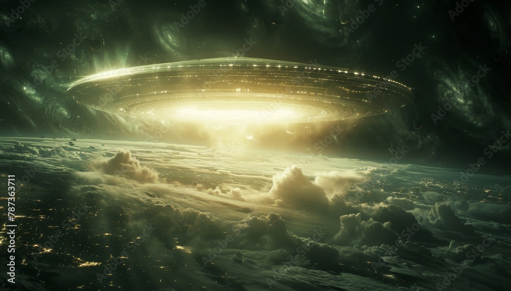 Wall mural a large, glowing, alien spaceship is hovering over a planet by ai generated image