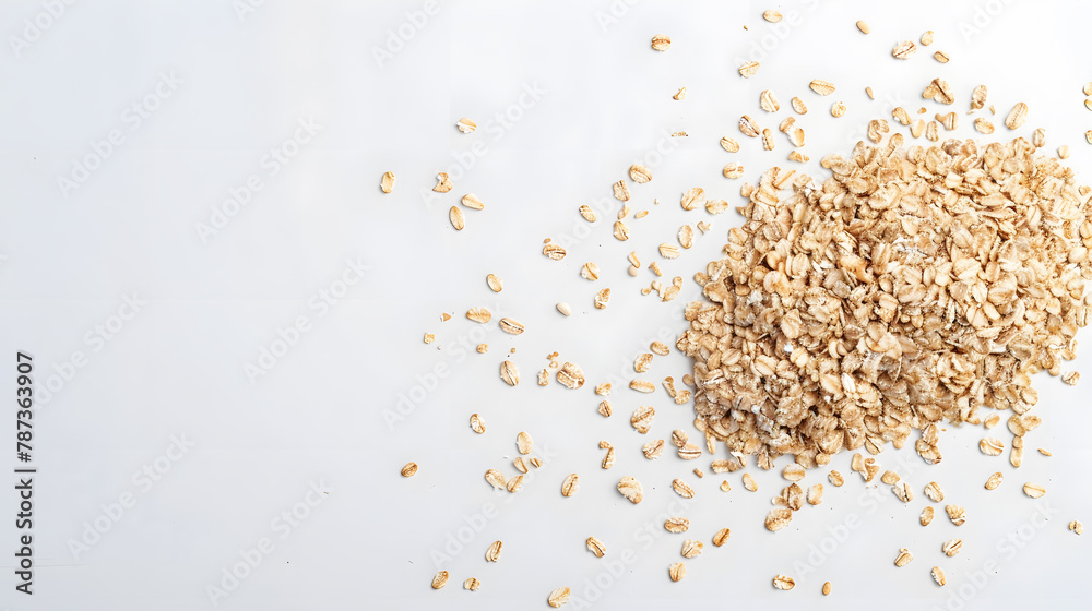 Poster oats dry brunch on white background raw and vegan product natural food top view and copy space image