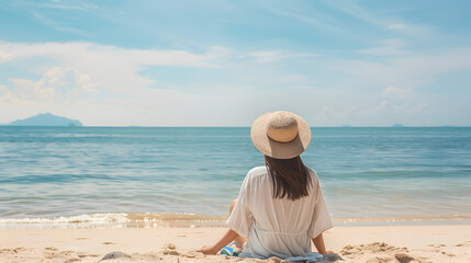 Fototapeta na wymiar Lifestyle woman and relax chill on beach background Travel summer vacations copy space for bannerSummer vacations : Generative AI