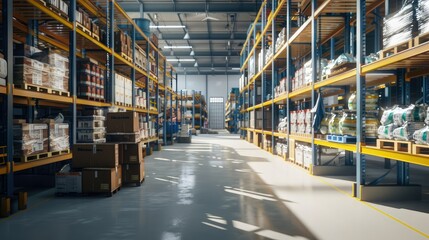 Wide angle view of an industrial warehouse with high shelves filled with boxes and pallets, highlighting the safety of the warehouse. Bright lighting creates an organized atmosphere.