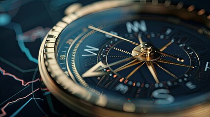 Close-up of a compass on an expensive watch with golden hands pointing north and south, symbolizing the direction of business planning. The background is a gray gradient.