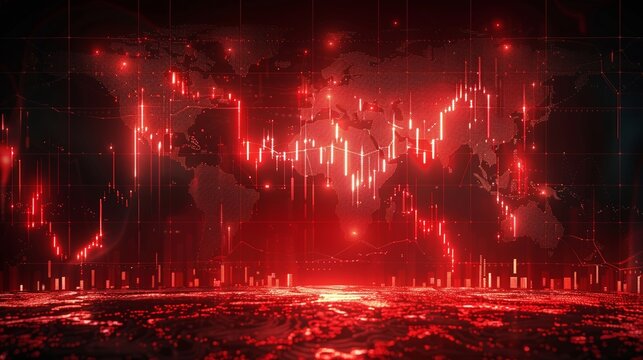 A map of the world showing a declining red trend in the global economy indicating a potential recession on a global scale.
