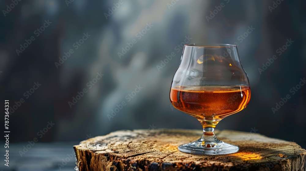 Poster snifter of brandy on a old wooden snag black background with copy space selective focus : generative