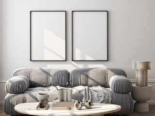 Frame mockup, ISO A paper size. Living room wall poster mockup. Interior mockup with house background. Modern interior design. 3D render
- 787364380
