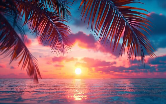 Vivid colors of a tranquil tropical beach at sunset, with palm tree silhouettes creating a serene atmosphere.