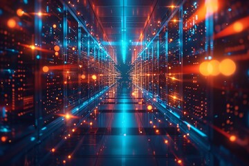 A digital representation of a network room with iconic towers and technology illustrating the strength and connectivity of online services and communication networks was designed.