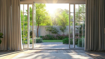 Panoramic views of the outdoor summer garden through the sliding glass doors and timber flooring outside, with trees in the background and the sun's rays shining on it.