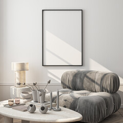 Frame mockup, ISO A paper size. Living room wall poster mockup. Interior mockup with house background. Modern interior design. 3D render
- 787364781