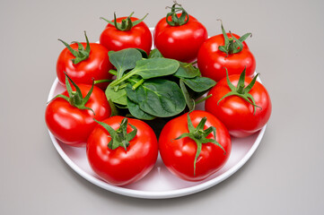 Red ripe tasty Dutch tomatoes growing indoor in greenhouse all seasons, food industry in Netherlands close up