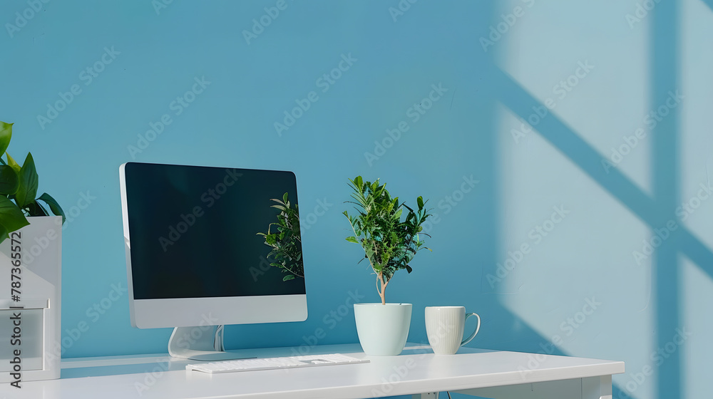 Poster Close up view of creative workspace with blank screen computer mug tree pot and copy space on white table with shelf on light blue wall : Generative AI