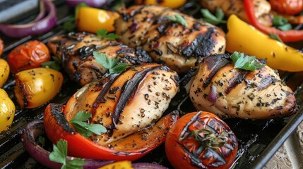 Grilling chicken and vegetables for a vibrant mix - obrazy, fototapety, plakaty