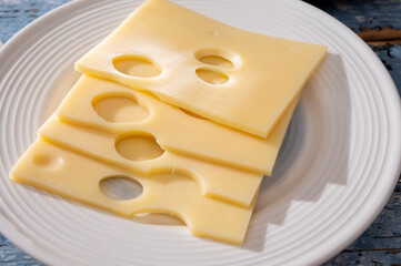 Swiss cheese collection, yellow emmentaler or emmental cheese with round holes
