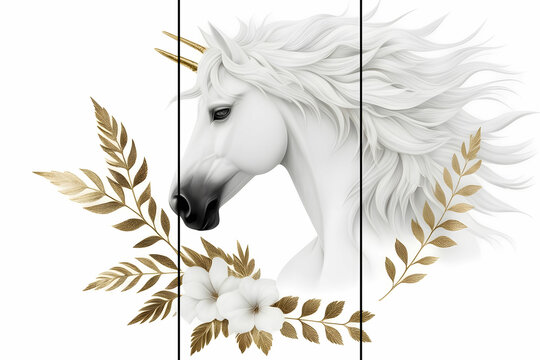 Home panel wall art three panels, white marble with gold horse white flowers and leaves and feather silhouette