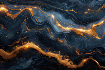 A luxury background with swirling patterns of dark blue and gold, resembling marble or agate stone textures. Created with Ai - obrazy, fototapety, plakaty