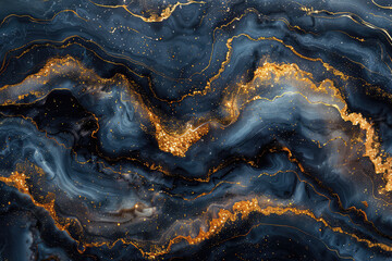 A background of dark blue and gold marble swirls with glitter, creating an elegant pattern suitable for luxury design or wallpaper. Created with Ai - obrazy, fototapety, plakaty
