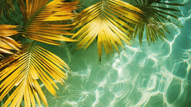 Tropical yellow palm leaves in water on a green background with a place to copy text. The concept of recreation, tourism and sea travel.