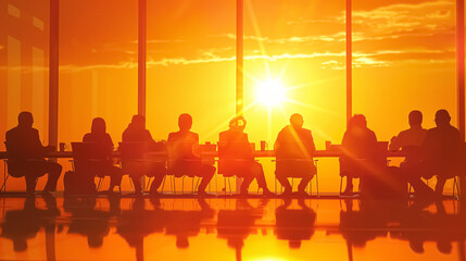 Silhouettes of business people in a meeting room at sunset.