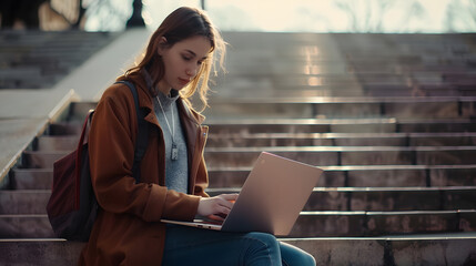 young woman with laptop sitting on the stairs Person using personal computer outdoors : Generative AI