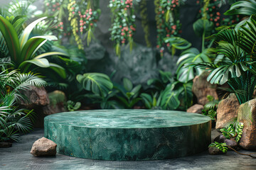 Green marble podium for product presentation with tropical plants and sunlight in the room 3d rendering. Created with Ai