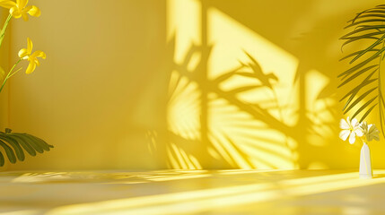 Abstract yellow color gradient studio background for product presentation Empty room with shadows of window and flowers and palm leaves  3d room with copy space Summer concert Blurred  : Generative AI - obrazy, fototapety, plakaty