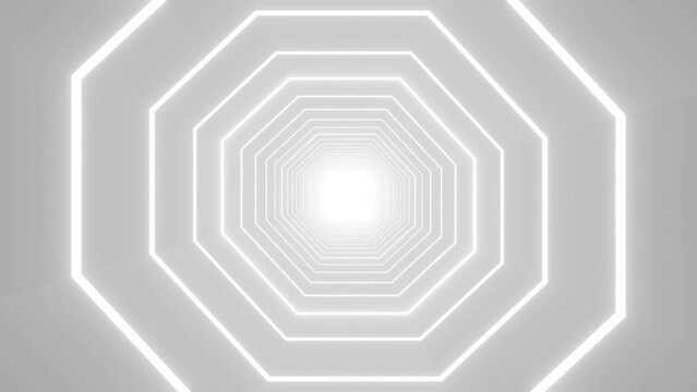 White hexagon neon bulbs illuminate the empty tunnel corridor. footage looping, abstract tech geometric motion background