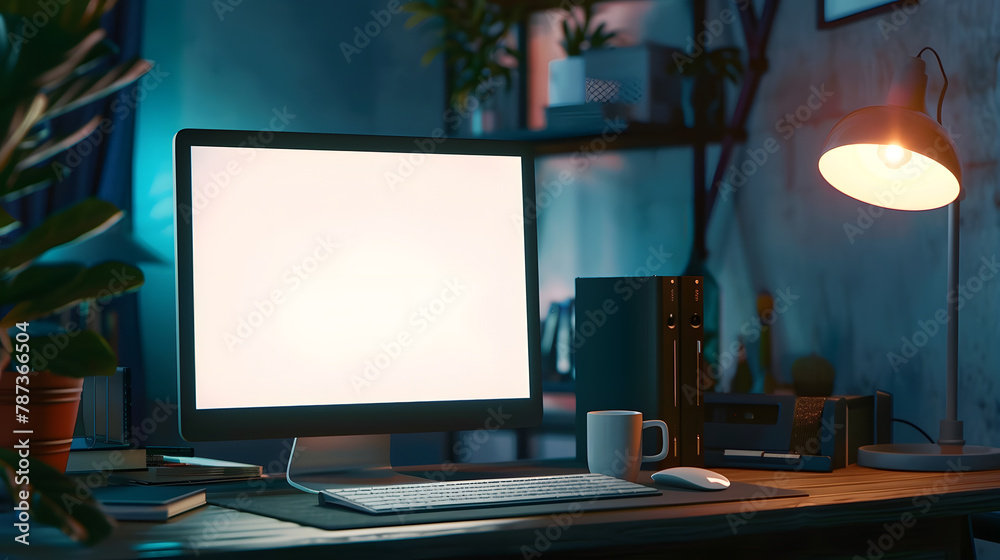 Poster Mock up Copy Space Blank Screen workspace with computer laptop on table : Generative AI