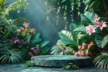 Fototapeta na wymiar A tropical rainforest background with leaves and plants surrounding an empty podium for product display, rendered in a hyperrealistic style, featuring soft lighting and shadows. Created with Ai