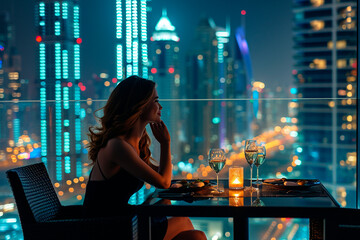 A woman sits in a bar on the roof of a skyscraper against the backdrop of the metropolis.