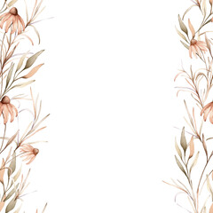Watercolor seamless border botanical autumn illustration echinacea branches flowers and herbs. Autumn frame illustration. Hand painted drawing isolated on white background. Composition pastel color