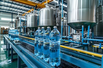 A factory with a lot of bottles of water on the assembly line and a lot of tanks of water on the