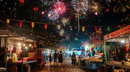 A street party with vendors and performers under a canopy of fireworks. 